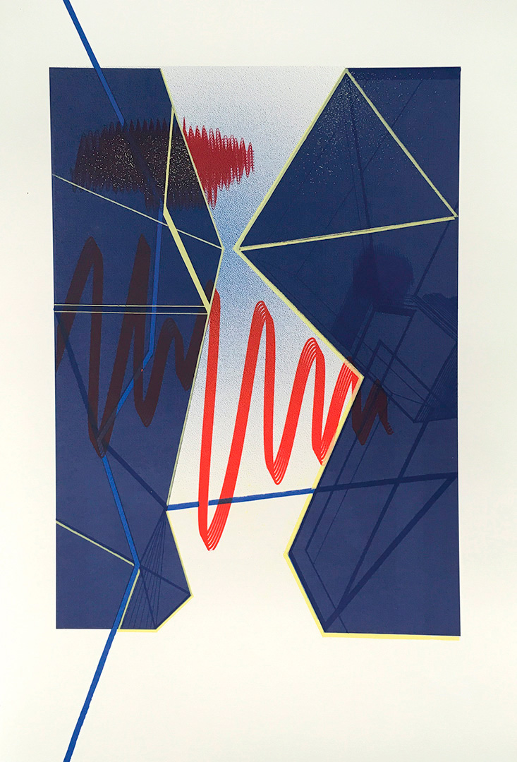 abstrakte Grafik mit blauen flächen und roten linien