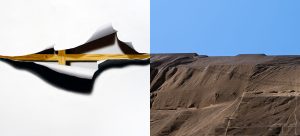 Bildausschnitt der jeweiligen Künstlerinnen, links ein Leinwandriss und rechts eine Hügellandschaft